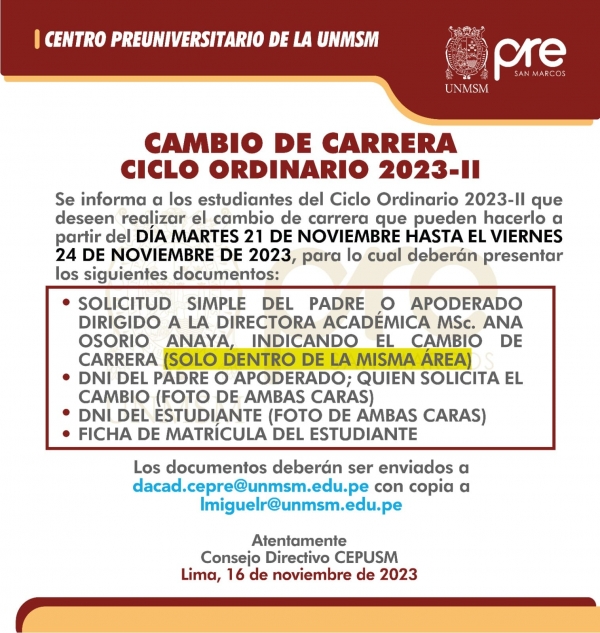 CAMBIO DE CARRERA CICLO ORDINARIO 2023-II