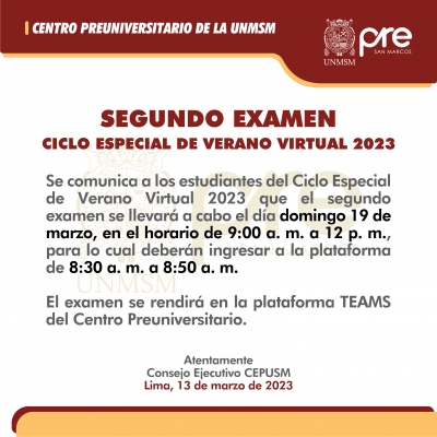 SEGUNDO EXAMEN CICLO ESPECIAL VERANO 2023