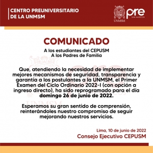 COMUNICADO - FECHA PRIMER EXAMEN CICLO ORDINARIO 2022-I