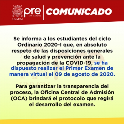 COMUNICADO - PRIMER EXAMEN CICLO ORDINARIO 2020-I