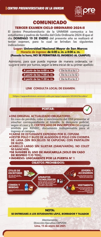 TERCER EXAMEN CICLO ORDINARIO 2024-II - LUGAR, HORARIO DE INGRESO, INDICACIONES