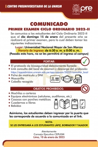 PRIMER EXAMEN CICLO ORDINARIO 2022-II - LUGAR, HORARIO DE INGRESO, INDICACIONES