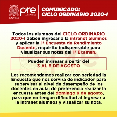 CICLO ORDINARIO 2020-I - PRIMERA ENCUESTA DE RENDIMIENTO DOCENTE