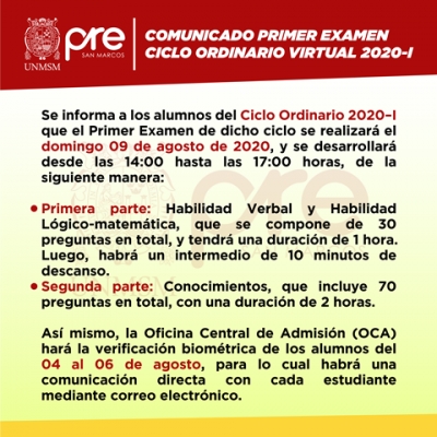 COMUNICADO - PRIMER EXAMEN CICLO ORDINARIO 2020-I