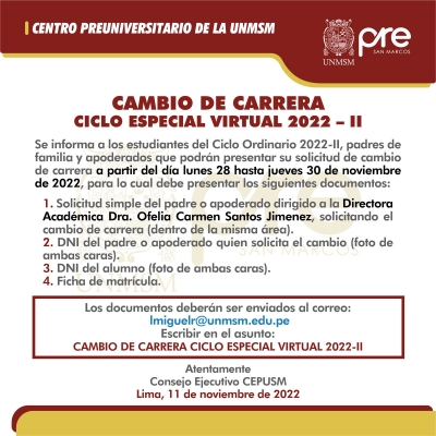 CAMBIO DE CARRERA CICLO ESPECIAL 2022-II