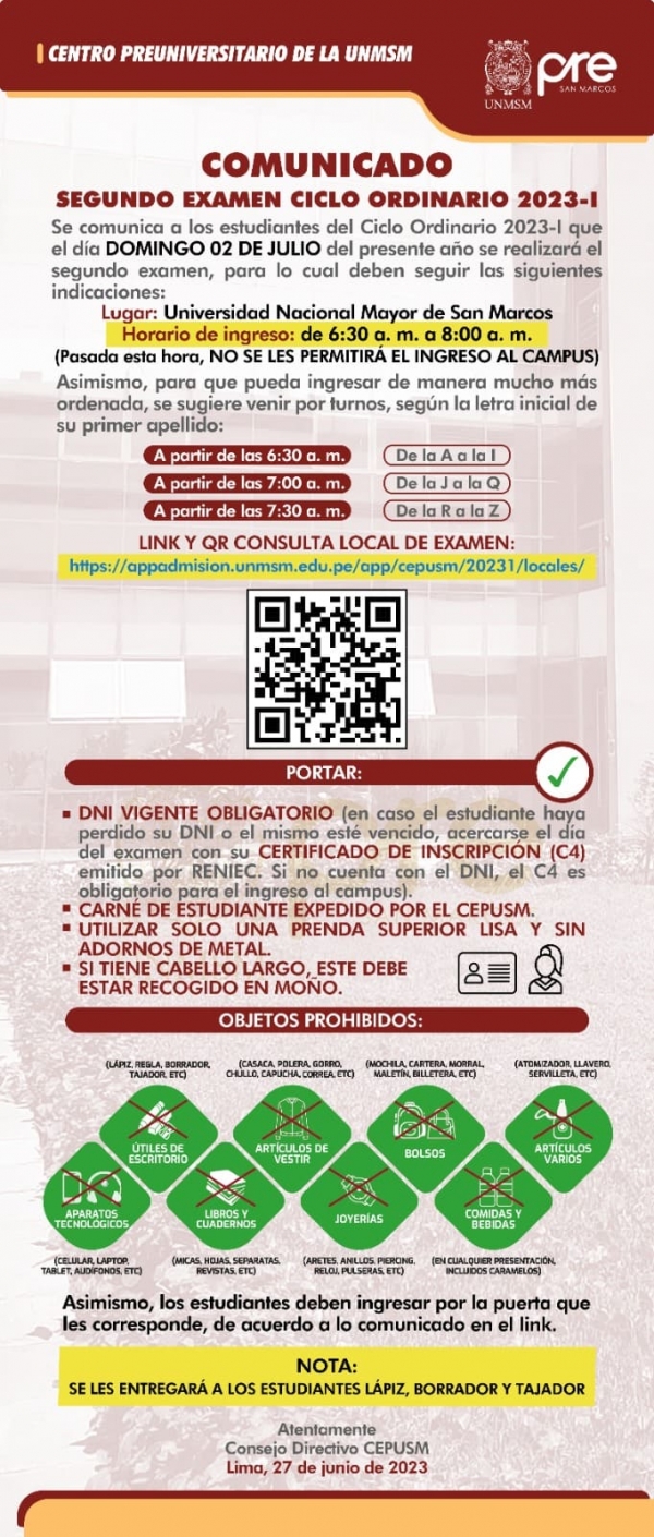 SEGUNDO EXAMEN CICLO ORDINARIO 2023-I  - LUGAR, HORARIO DE INGRESO, INDICACIONES