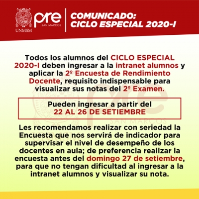 CICLO ESPECIAL 2020-I - SEGUNDA ENCUESTA DE RENDIMIENTO DOCENTE