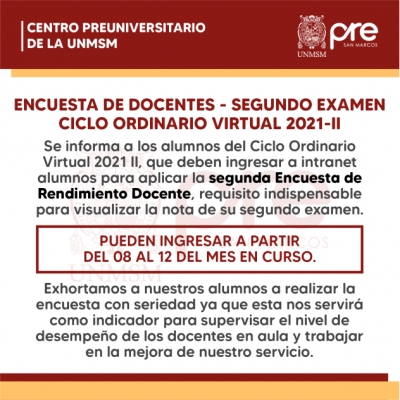 CICLO ORDINARIO VIRTUAL 2021-II - SEGUNDA ENCUESTA DOCENTE
