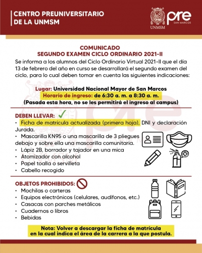 SEGUNDO EXAMEN CICLO ORDINARIO 2021-II - LUGAR, HORARIO DE INGRESO, INDICACIONES