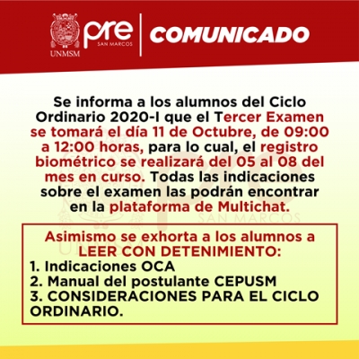 COMUNICADO - TERCER EXAMEN CICLO ORDINARIO 2020-I