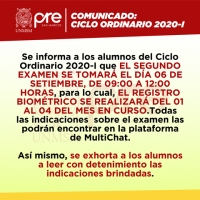 COMUNICADO - SEGUNDO EXAMEN CICLO ORDINARIO 2020-I