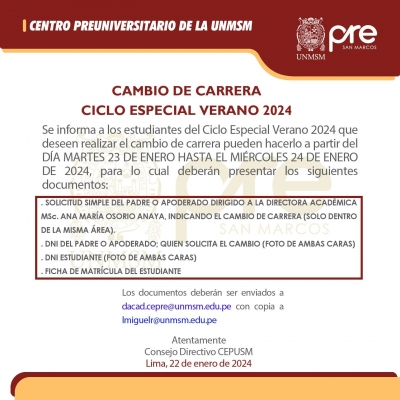 CICLO ESPECIAL VERANO 2024 - CAMBIO DE CARRERA