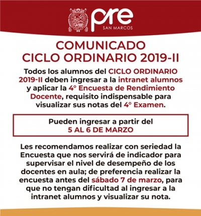 CICLO ORDINARIO 2019-II - CUARTA ENCUESTA DE RENDIMIENTO DOCENTE