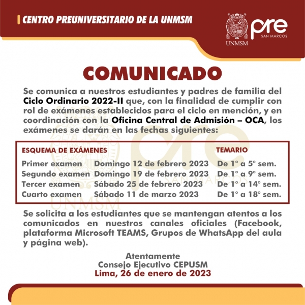 CICLO ORDINARIO 2022-II - CRONOGRAMA DE EXAMENES