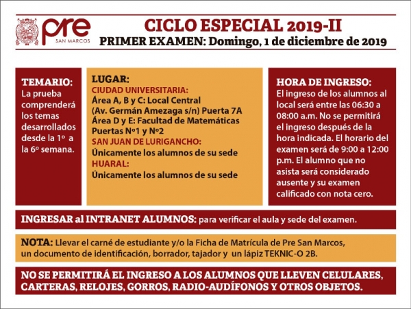 CICLO ESPECIAL 2019-II - PRIMER EXAMEN (TEMARIO, LUGAR, HORA INGRESO)