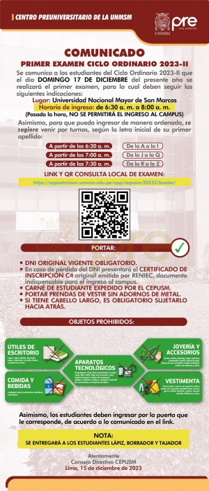 PRIMER EXAMEN CICLO ORDINARIO 2023-II - LUGAR, HORARIO DE INGRESO, INDICACIONES