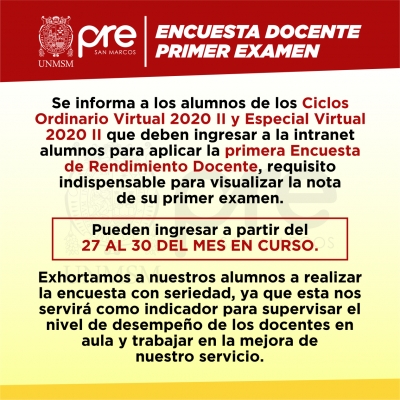CICLOS ORDINARIO 2020-II Y ESPECIAL  2020-II - PRIMERA ENCUESTA DE RENDIMIENTO DOCENTE