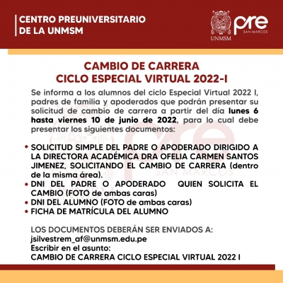 CAMBIO DE CARRERA CICLO ESPECIAL 2022-I