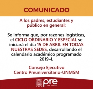 COMUNICADO - INICIO DE CLASES CICLOS ORDINARIO Y ESPECIAL 2019-I