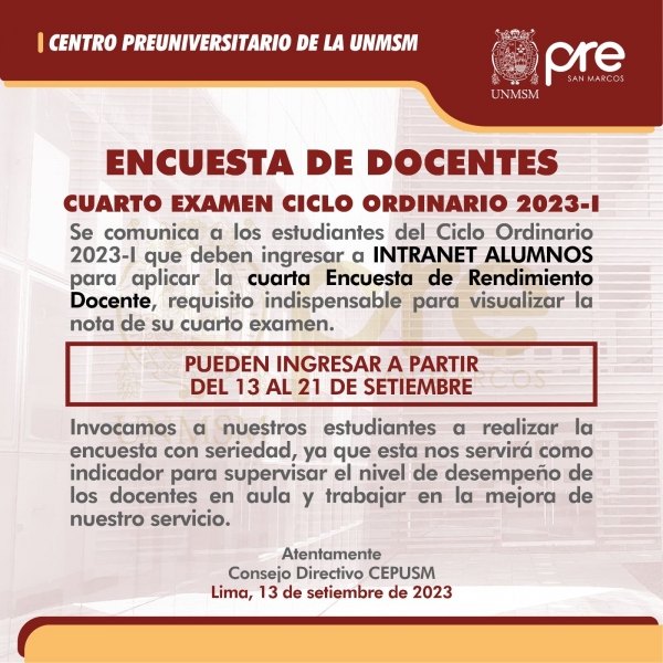 CICLO ORDINARIO 2023-I - CUARTA ENCUESTA DOCENTE