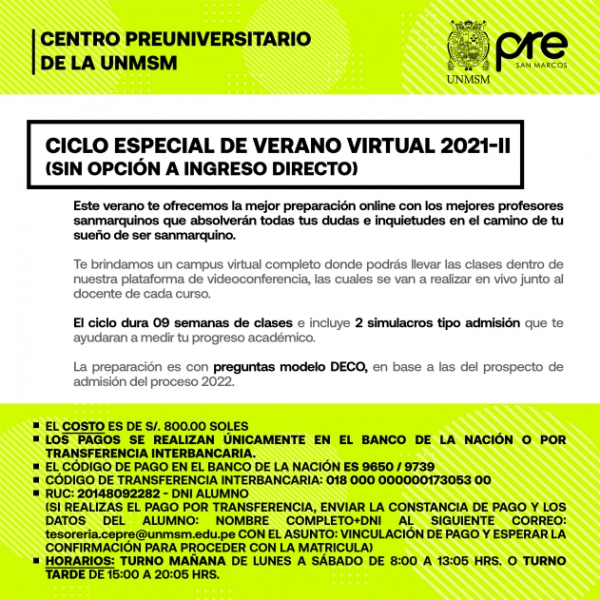 MATRICULA CICLO ESPECIAL VERANO VIRTUAL 2021-II