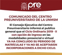 COMUNICADO - CIERRE INSCRIPCIONES CICLO ORDINARIO 2019-II