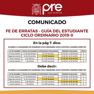 FE DE ERRATAS - CICLO ORDINARIO 2019-II