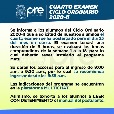 POSTERGACIÓN CUARTO EXAMEN CICLO ORDINARIO 2020-II