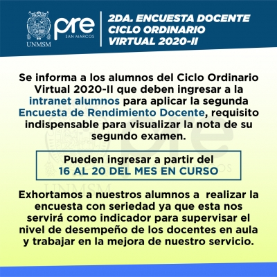 CICLO ORDINARIO 2020-II - SEGUNDA ENCUESTA DE RENDIMIENTO DOCENTE