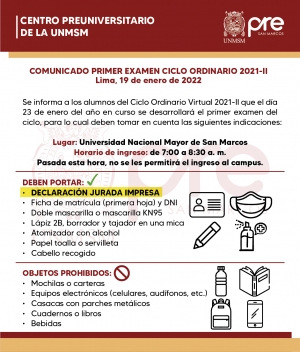 PRIMER EXAMEN CICLO ORDINARIO 2021-II - LUGAR, HORARIO DE INGRESO, INDICACIONES