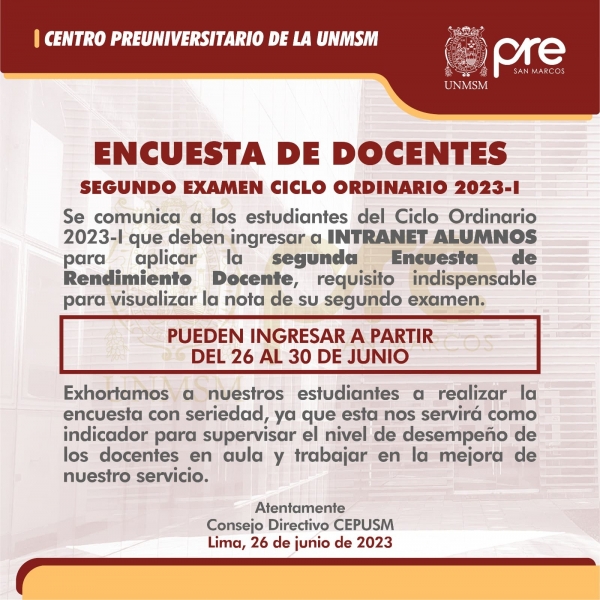 CICLO ORDINARIO 2023-I - SEGUNDA ENCUESTA DOCENTE