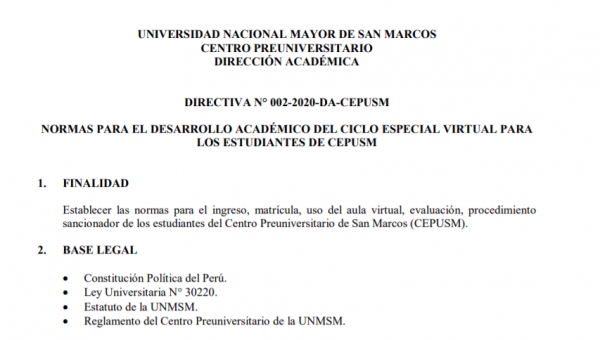 NORMAS PARA EL DESARROLLO ACADÉMICO DEL CICLO ESPECIAL VIRTUAL