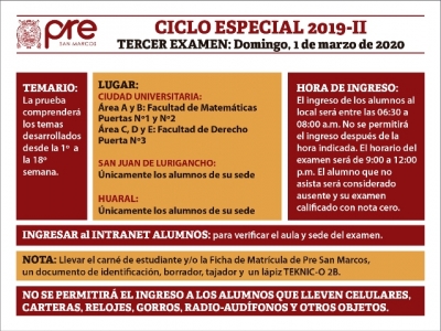 CICLO ESPECIAL 2019-II - TERCER EXAMEN (TEMARIO, LUGAR, HORA INGRESO)