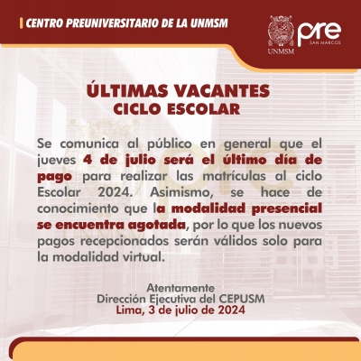 ÚLTIMAS VACANTES CICLO ESCOLAR