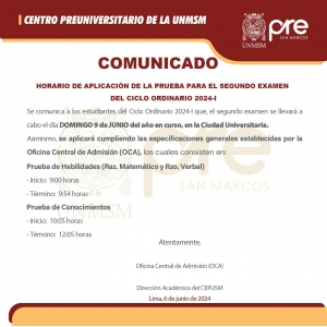 COMUNICADO - HORARIO APLICACIÓN DE LA PRUEBA SEGUNDO EXAMEN CICLO ORDINARIO 2024-I