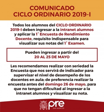 PRIMERA ENCUESTA DE RENDIMIENTO DOCENTE - CICLO ORDINARIO 2019-I