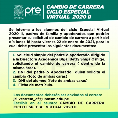 CAMBIO DE CARRERA CICLO ESPECIAL VIRTUAL 2020-II