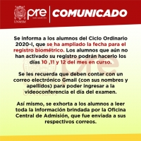 PRIMER EXAMEN CICLO ORDINARIO 2020-I - AMPLIACIÓN DE FECHA PARA REGISTRO BIOMÉTRICO