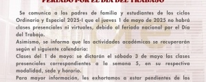 COMUNICADO - FERIADO POR EL DÍA DEL TRABAJO